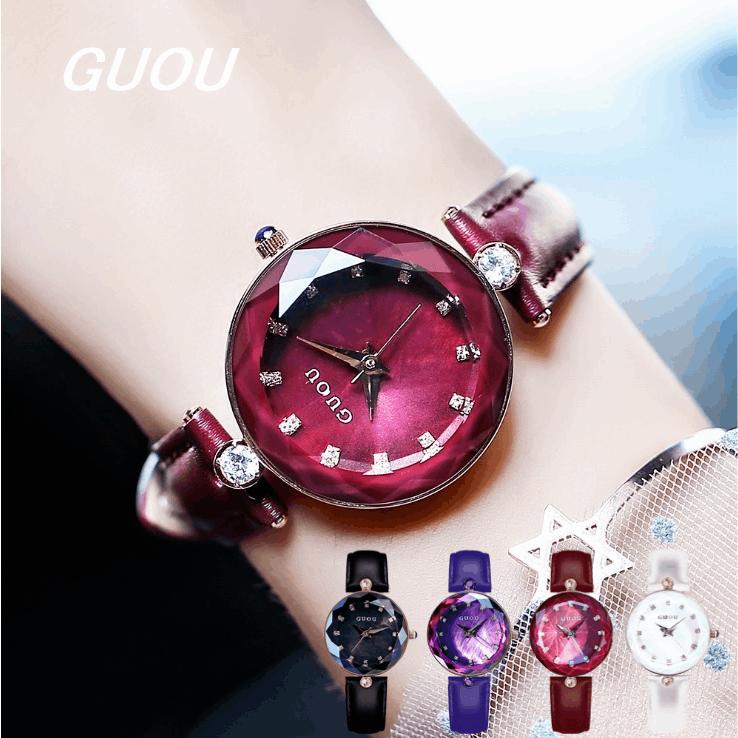 時計のプレゼントを贈る GUOU レディース 腕時計 時計 日本製ムーブメント 女性用 ウォッチ ガラスカット アクセサリー かわいい おしゃれ ゴールド カジュアル 通勤 通学 革ベルト 丸い 円形 …