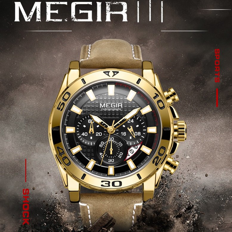 『最大20%OFFクーポン』Megir 腕時計 時計 メンズ 男性用 カレンダー ビジネス スポーツ クロノグラフ ストップウォッチ 海外 欧米 人気モデル クォーツ 2094