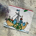 【HAND MADE】【USEDクロス】MOOMIN ポーチ ヴィンテージファブリック ニョロニョロ 裏付き ムーミン ホワイト ファスナーポーチ フィンランド...