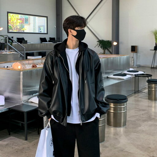 メンズ フェイクレザージャケット ブルゾンアウター フード付き 春秋 ライダースジャケット 保温 防風防寒 あったか ジャンパー ゆったり ファッション バイク用 ウオーキング 登山用