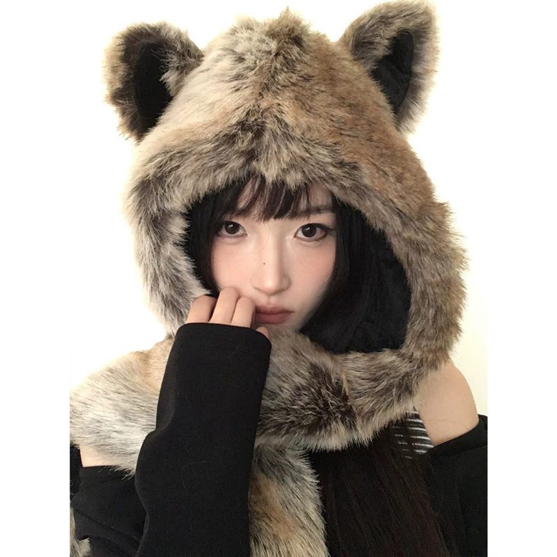 3点一体マフラー レディース 一体型 スカーフ ハット 手袋 アニマル帽子 あったか 小顔効果 萌え萌え かわいい 耳付き ボリューム 秋冬物 もこもこ ふわふわ ベーシック 多機能 3in1 トレンド