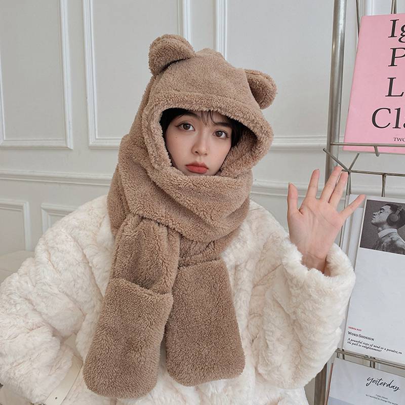 くま耳付き レディース スヌード 3in1マフラー 耳付き 帽子 あったかい 厚い 秋冬用 多機能 手袋 ミント フワフワ キュート かわいい ぬいぐるみスカーフ プレゼント お出掛け コーディネート