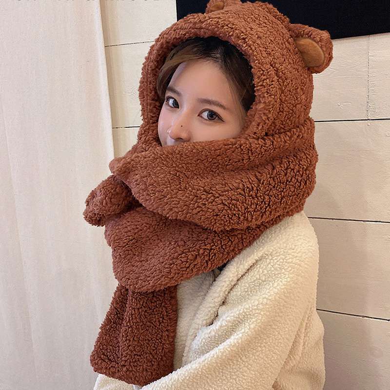 3in1マフラー ぬいぐるみ帽子 クマの耳 手袋 フード付き レディース 防寒 ウォーム 3点一体マフラー 萌え萌え かわいい 一体化 スヌード もこもこ 柔らかい 厚手 誕生日 プレゼント ファッション