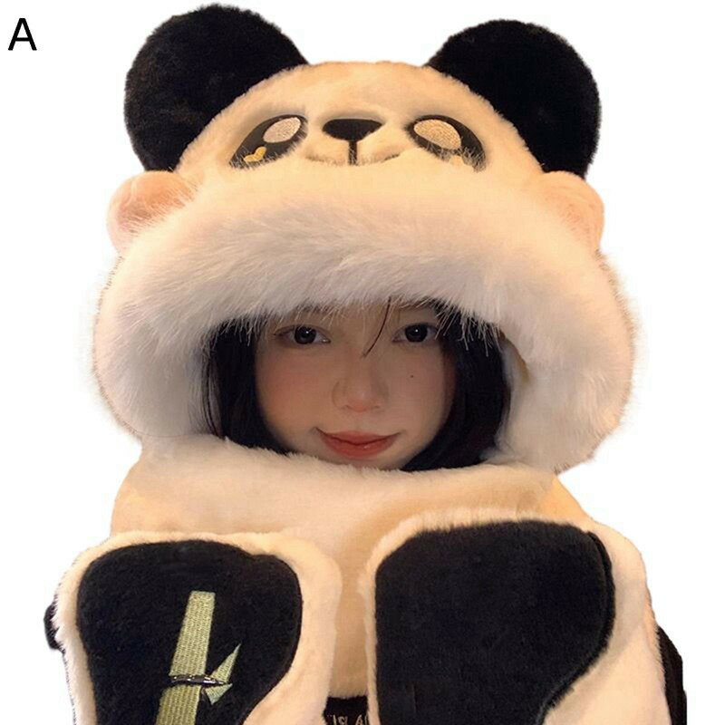 3in1マフラー 手袋 パンダ ぬいぐるみ帽子 熊の耳 うさぎの耳 フード付き レディース用 防寒対策 3点一体マフラー キュート 可愛い 一体化 スヌード ふわもこ ソフト 厚手 感謝祭 旅行 おみやげ