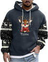 クリスマスプリントフード付き スウェットシャツフ メンズ パーカー ヘラジカ柄 アニマルプリント ポケット付き カラーステッチ長袖 アウター 防寒 裏起毛 秋冬服 スウェットカジュアル 厚手 防風 快