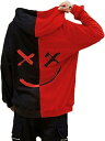 パーカー 長袖 メンズ フード付き 笑顔柄 ヒップホップ バイカラー レディース HIPHOP 切り替え スウェット コットン SーXXXL プルオーバー フー...