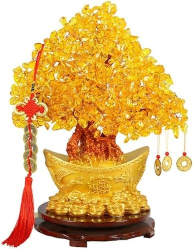 招財樹 金 なる木 黄金木 黄水晶 天然石 金幣 風水置物 中華結び 銭貨 シトリン 風水置物 インテリア 金運祈願 金運アップ 玄関