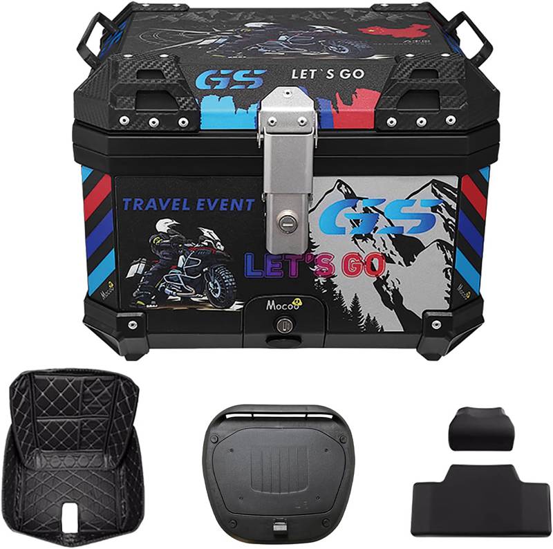 バイク リアボックス 45L バイク用 大容量 トップケース バイク ボックス ABS 着脱簡単 取り付けベース付き バックレスト付き 名入れステッカー柄バージョン (D)