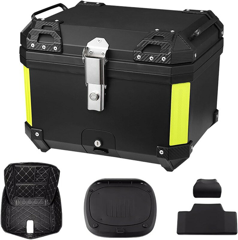 バイク リアボックス 45L バイク用 大容量 トップケース バイク ボックス ABS 着脱簡単 取り付けベース付き バックレスト付き (ブラック(イエロー))