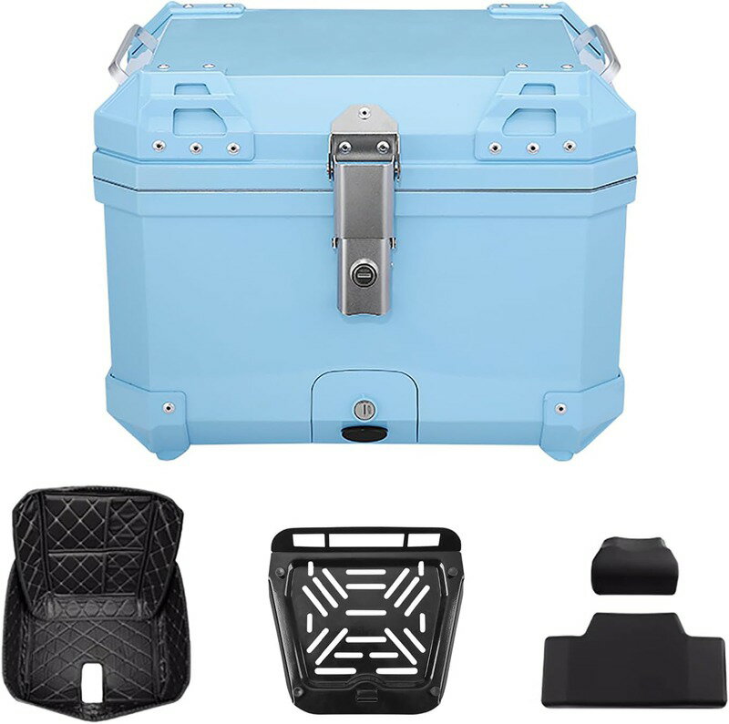 トップケース バイク リアボックス 36L/45L/57L大容量 炭素鋼取り付けベース付き 着脱も簡単 旅行 キャンプ 防水バイク用リアボックス バックレスト付き ブルー (57 L)