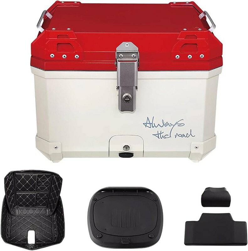 トップケース バイク リアボックス 36L/45L/57L大容量 取り付けベース付き 着脱も簡単 旅行 キャンプ 防水バイク用リアボックス バックレスト付き レッド＆ホワイト (57L)