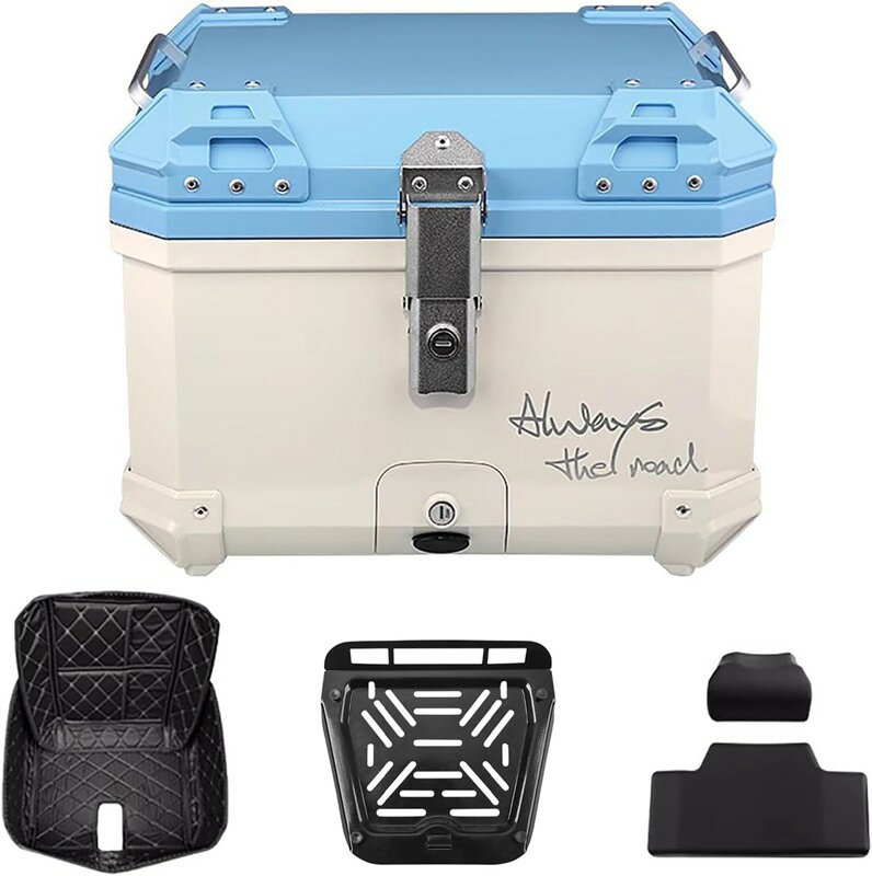 トップケース バイク リアボックス 36L/45L/57L大容量 炭素鋼取り付けベース付き 着脱も簡単 旅行 キャンプ 防水バイク用リアボックス バックレスト付き ブルー/ホワイト (45 L)