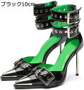 レディース サンダル 金属つま先 バックル アンクルストラップ バックジッパー 夏 レザー 本革 革靴 ハイヒール10cm ピンヒール ポインテッドトゥ セクシー エナメル 原宿風 パンク系 ゴシック ブラック オシャレ