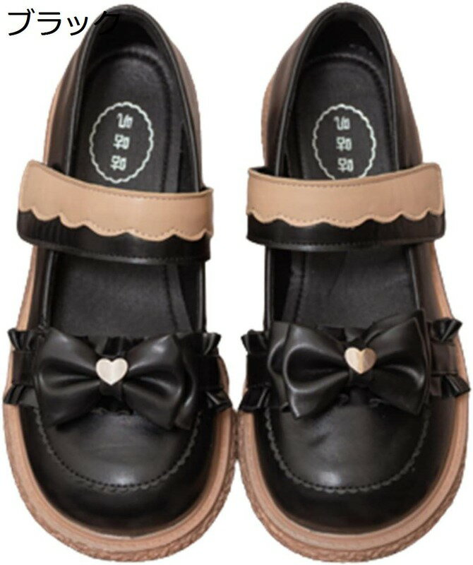 ロリ姫靴 ロリータ 蝶結び リボン ハート パッチワーク ストラップ 可愛い マジックテープ フラットシューズ パンプス レディース ラウンドトゥ フラット エレガント 春 夏 秋 冬
