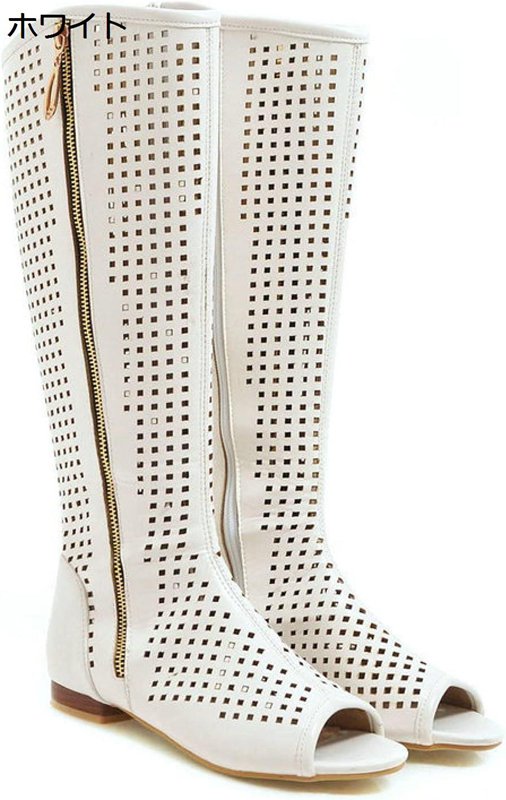 サンダル レディース ロングブーツ フラット オープントゥ サイドファスナー ホワイト 透かし彫り カジュアル 蒸れない 滑り止め 美脚 お洒落 疲れにくい ア...