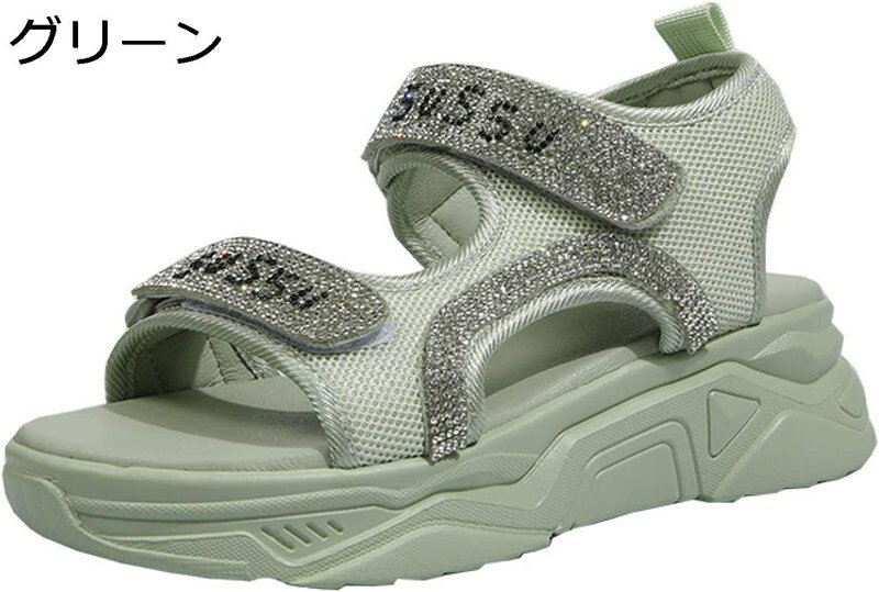 スポーツサンダル ビジュー付き レディース アンクルストラップ ミュール フラット ワンストラップ お洒落 マジックテープ 厚底 運動風 キラキラ カジュアル ...