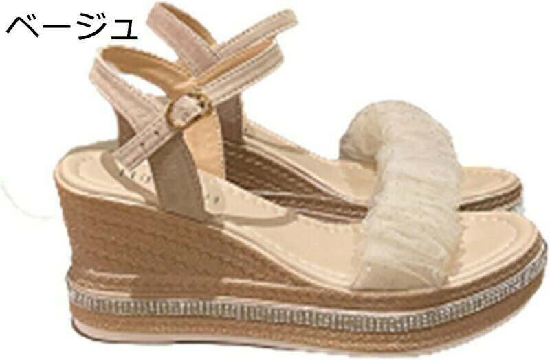 サンダル スパンコール レース ラインストーン レディース 甲ストラップ ハイヒール ウェッジヒール ス..