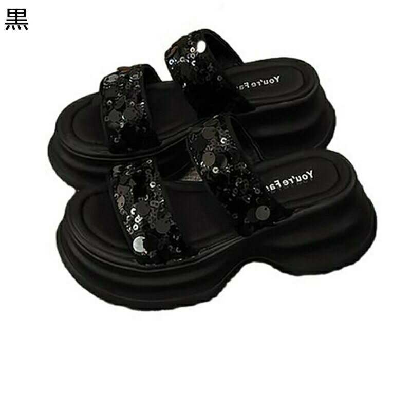 レディース ビーチサンダル 厚底スリッパ プラットフォーム5cm スパンコール シルバー 黒 キラキラ サ..