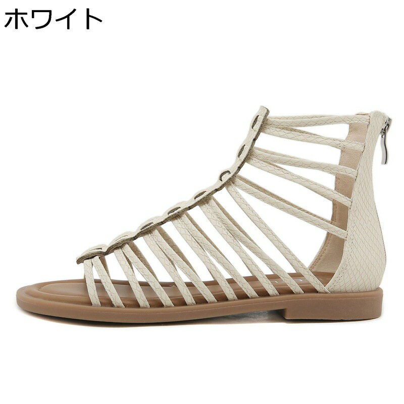 グラディエーター サンダル フラット ローマ風 レディース オープントゥ サマーブーツ バックジップ サンダルブーツ ブーツサンダル PUレザー 春夏秋 透かし彫り ハイカット ボヘミアン