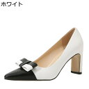 パンプス レディース 黒ホワイト切り替え ビジネス フォーマル リボン ハイヒール 太ヒール 大きいサイズ メンズ 女装 ポインテッドトゥ 無地 細見え 婦人靴...