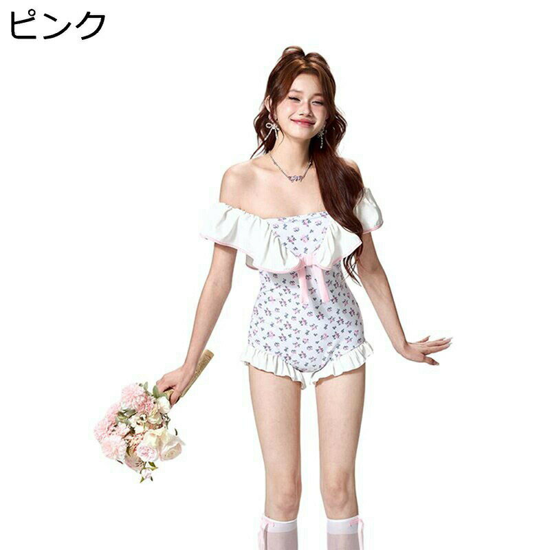 モノキニ レディース オールインワン 花柄水着 スイムウェア 2way オフショルダー バッククロス Vカット フェミニン 裾フリル かわいい 胸パッド ロンパース 海 ビーチ 水泳 ファッション