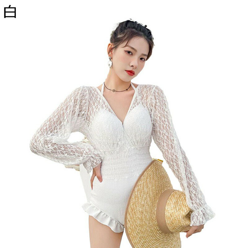 水着 レディース モノキニ ワンピース オールインワン レーススリーブ 紫外線対策 Vカット バスト盛れる フェミニン ビーチウェア スイムウェア ファッション シンプル 海水浴 温泉 水泳(4.0)