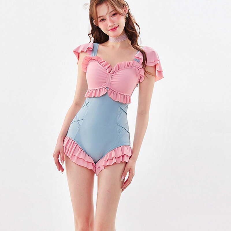 モノキニ水着 レディース オールインワン スイムウェア 体型カバー ビーチウェア フェミニン 裾フリル かわいい ロンパース 胸パッド 韓国風 甘い 少女 ビーチ スイミング 旅行 おしゃれ
