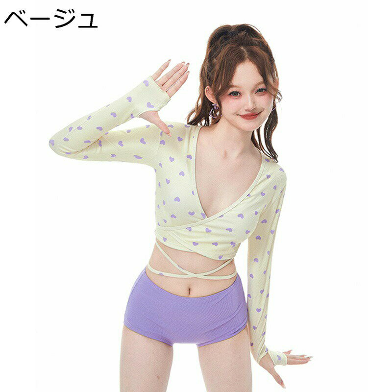 レディース水着 ラッシュガード タンキニ 3点set ビキニ ロングスリーブ 桃心柄 ビーチウェア ショートパンツ スイムドレス 日焼止め 女性らしい 胸パッド入れ 海 ビーチ 水泳 オシャレ