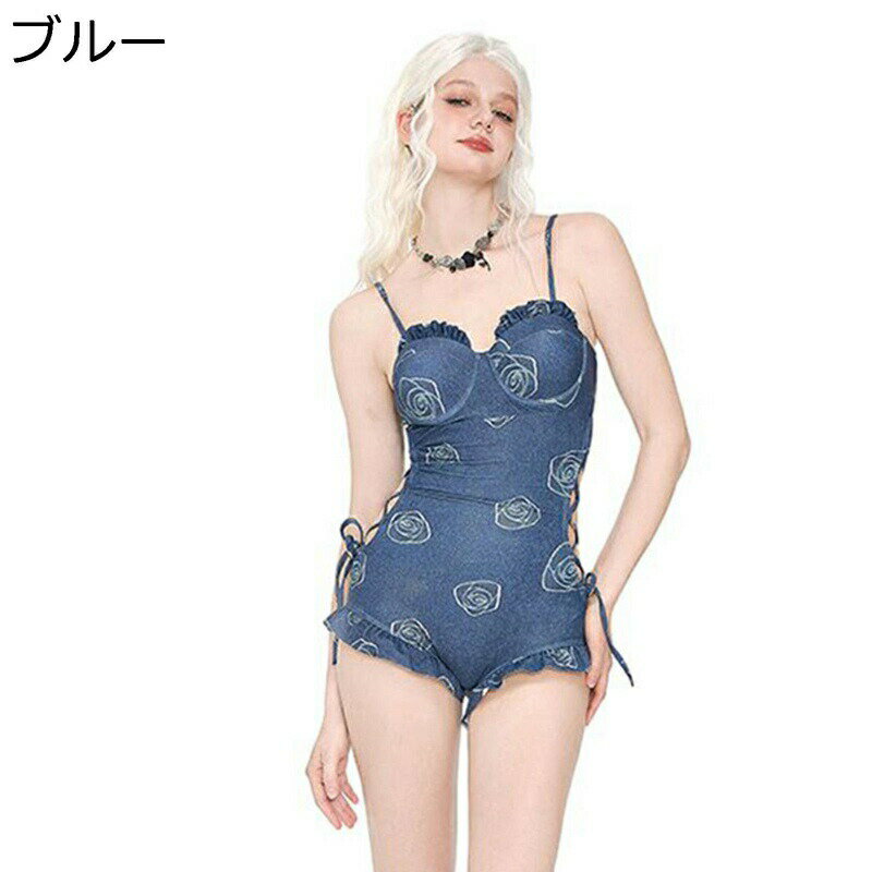 水着ビキニ検索結果｜モノキニ デニム水着 レディース オールインワン スイムウェア バラ柄 薔薇 サイド...