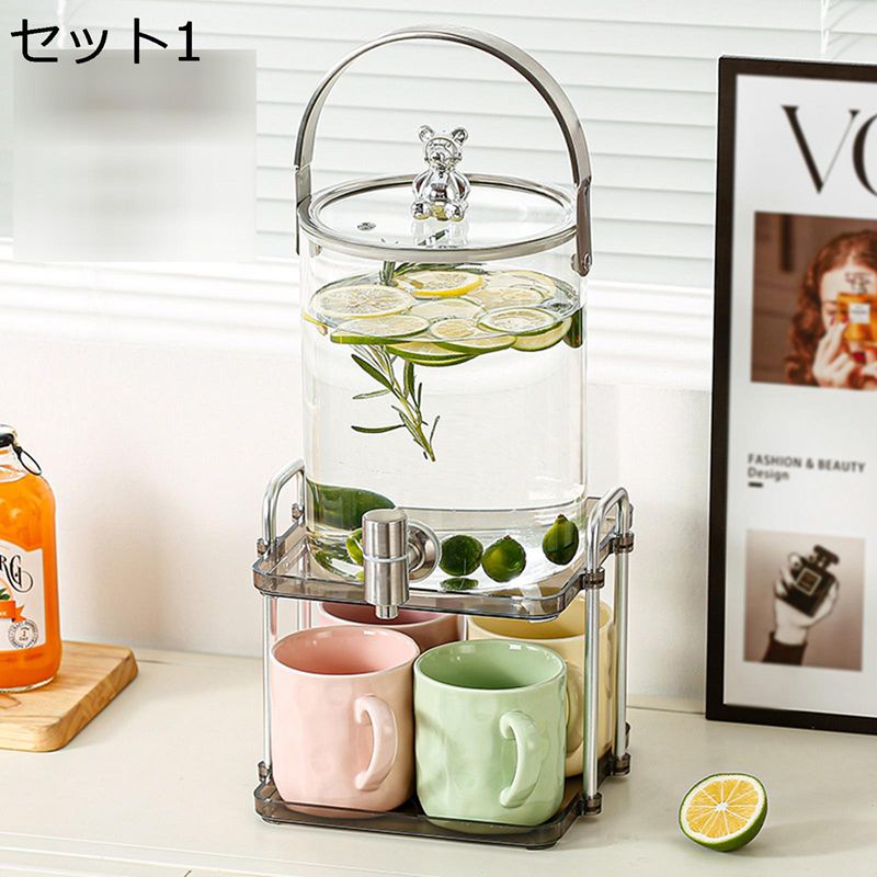 ドリンクピッチャー クマ 冷水筒 ドリンクサーバー 玻璃容器 ガラス 麦茶ポット 飲料水バケット 貯蔵タンク 大容量 ステンレス製の蛇口 スタンド フルーツクールウォーターピッチャー 飲料 冷蔵庫 3.6L
