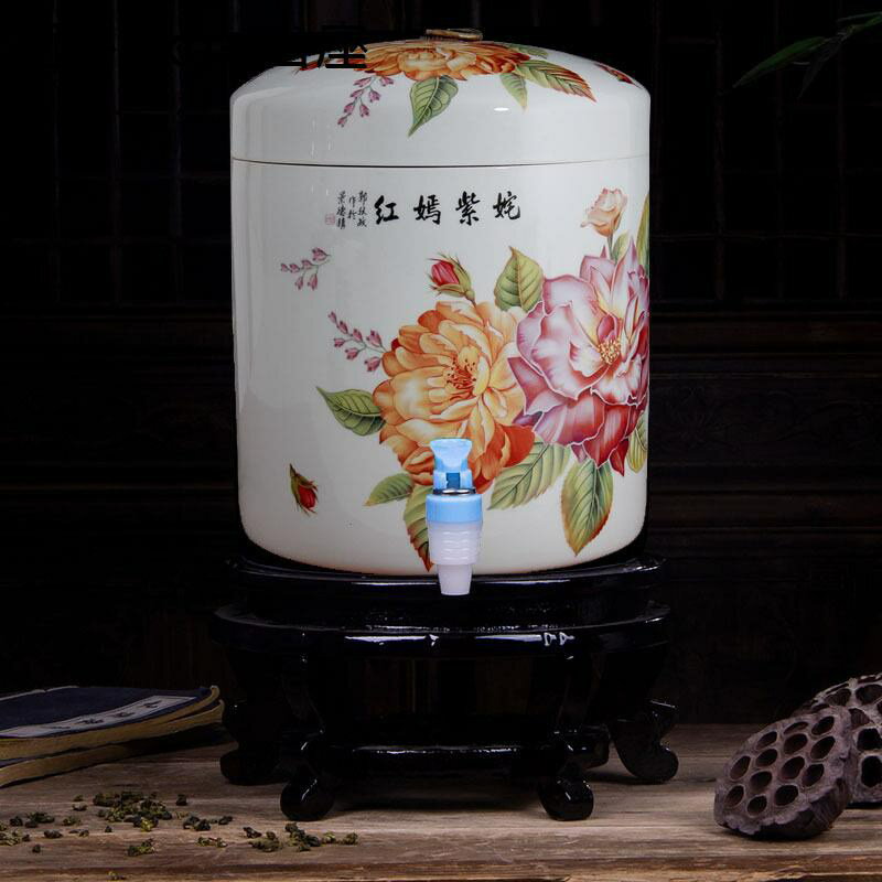 ドリンクサーバー 焼酎サーバー 木台付 磁器 梅酒サーバー 花柄 ドリンクディスペンサー ドリンクピッ..