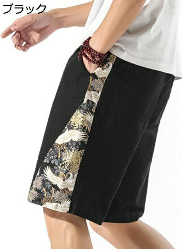 5分丈 ハーフパンツ 夏 メンズ ショートパンツ 中国風 鶴柄 半ズボン 綿麻 スウェット 薄手 カジュアル 短パン ファッション おしゃれ リラックス 大きいサイズ m-5xl ランニング 作業 日常