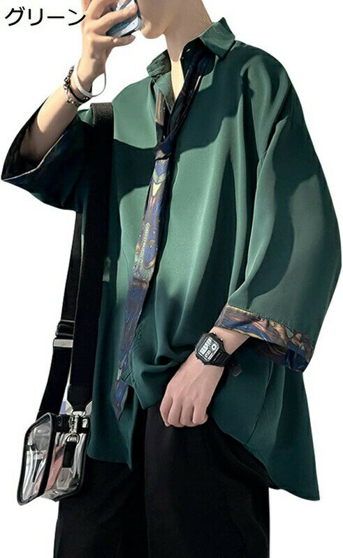 シャツ メンズ レディース 夏用 開襟 薄手 7分袖 ネクタイ付き デザイン感 和風 ゆったり 無地 シンプ..