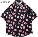 夏用 半袖シャツ 桃柄 ピーチ総柄 ストリート ヒップホップ 和風 原宿系 薄手 ライトアウター カジュアル 開衿 メンズ レディース ゆったり 上着 吸汗速乾 通気性 汗染め防止 花柄シャツ アロハシャツ ビーチ ユニセックス 可愛い(4)