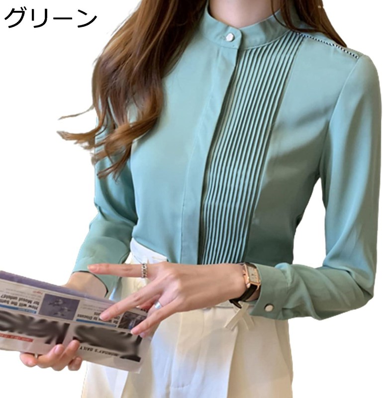 ブラウス レディース ワイシャツ 長袖 シャツ トップス 無地 タック入れ スリム クルーネック 柔らか 韓国 かわいい エレガント ファッション ぶらうす カ...