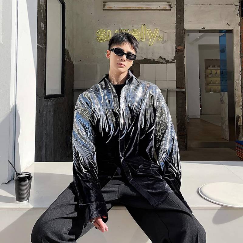 ライトトップス アウター シャツ メンズ 長袖 前開き 切り替え スパンコール ヒップホップ系 柔らかい カッコイイ カジュアル 柔らかい ファッション ゆったり 体型カバー ちょいワル 折り襟 ボタン付き 普段着 ダンス ステージ