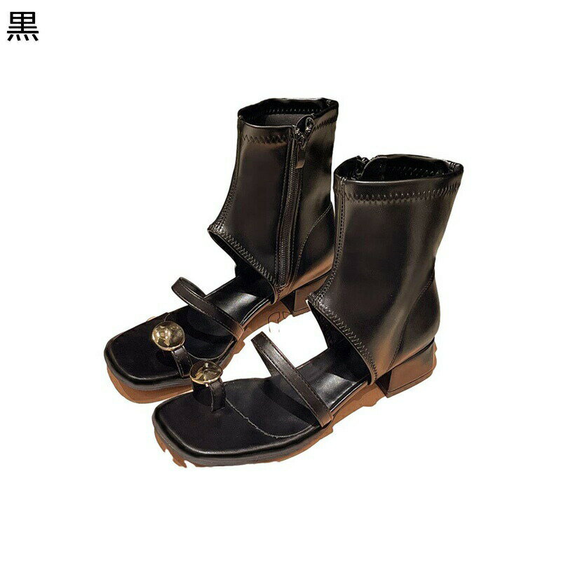 ローマ風 サンダルブーツ 親指トング 金属 メタリック 細いストラップ レディース オシャレサンダル ショートブーツ スクエアヒール グラディエーター スクエアトゥ サマーブーツ ジップ 夏