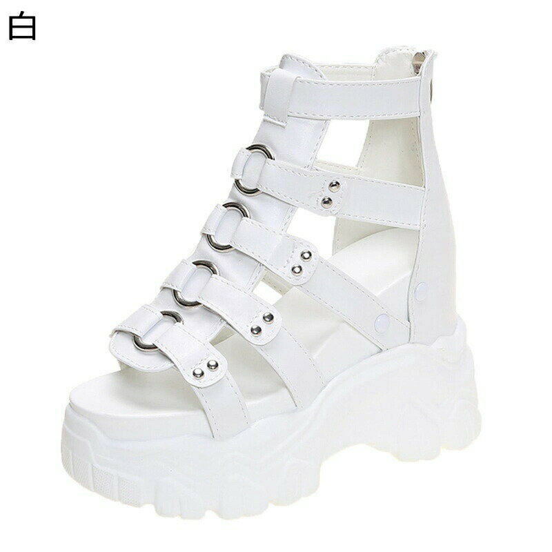 サンダルブーツ ローマサンダル レディース メタリック 金属 リベット ウェッジヒール 厚底 4cmインヒール 4色 ショートブーツ オープントゥ 多重ストラップ バックル ベルト ジップアップ 身長UP