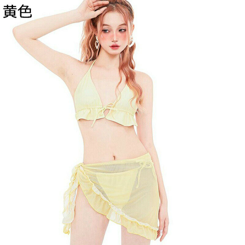 水着 レディース ビキニ 3点set セクシー ホルターネック タイサイド 三角トップ フリル飾り シースルースカート ホルターネック オトナ女子 胸パッド かわいい スイムウェア ビーチウェア