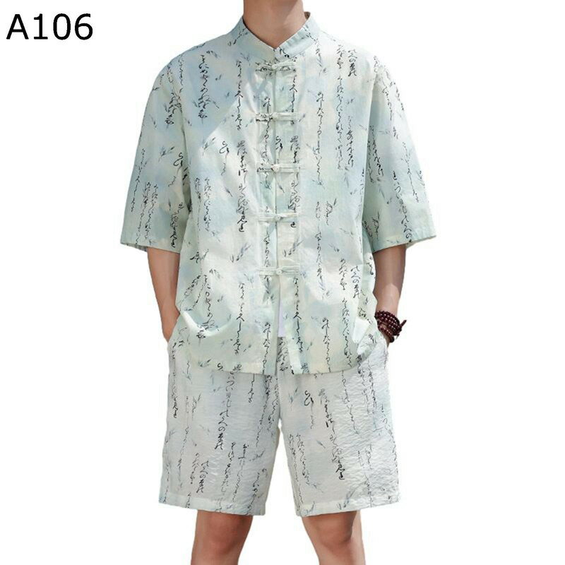 シャツ チャイナ服 メンズ 2点セット ショートパンツ 半袖シャツ 書道柄 大きいサイズ 中華服 上下セット トップス 薄手 短パン 立ち襟 爽やか オーバーサ...