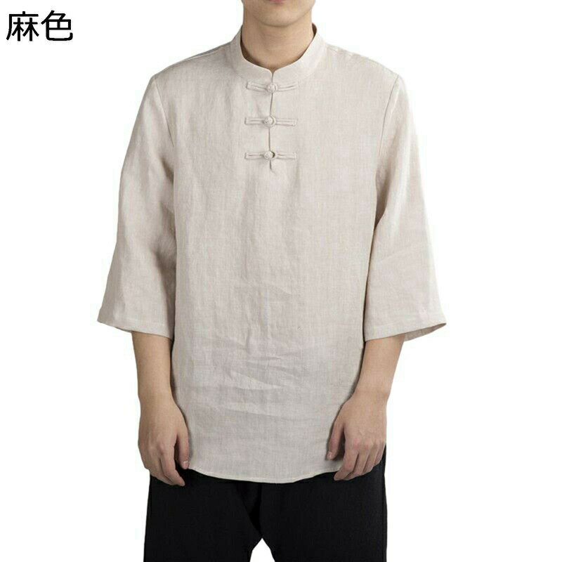 Tシャツ チャイナ服 メンズ 七分袖 半袖シャツ 中華服 トップス 丸襟 綿麻シャツ プルオーバー 薄手 爽やか BIGシルエット 中華服 チャイナボタン カンフー服 太極拳服 おしゃれ 春夏服 快適な 上着