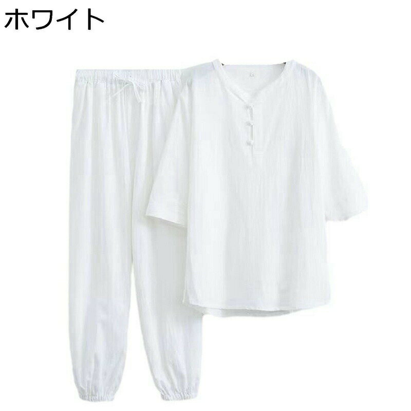 シャツ チャイナ服 メンズ 2点セット 半袖シャツ 中華服 伸縮性ウエスト 丸襟 大きいサイズ トップス 無地 綿麻風 tシャツ 夏 薄手 ゆったり チャイナボタン カンフー服 太極拳服 デイリー カジュアル 部屋着