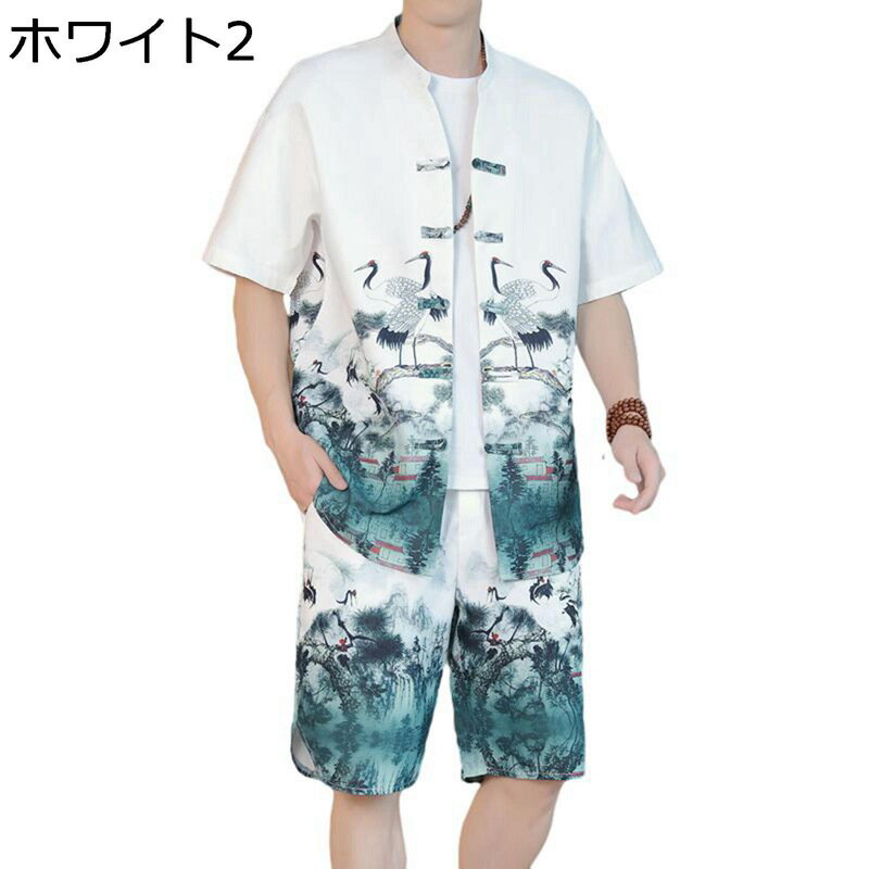 シャツ チャイナ服 メンズ 2点セット 水墨風 半袖シャツ 中華服 ショートパンツ 短パン 薄手 爽やか ビッグシルエット チャイナボタン 武術 茶師服 演舞 唐装 中華風 ギフト プレゼント 開襟シャツ 春夏服