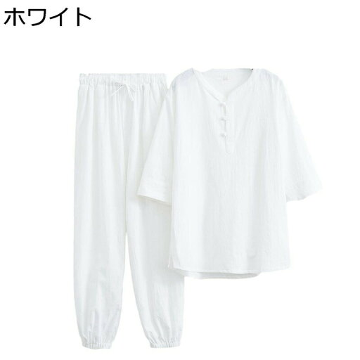 メンズ チャイナ服 綿麻シャツ 2点セット 半袖 漢服 伝統服 カンフーシャツ 中華風 ロングパンツ tシャツ 丸衿 クルーネック 伸縮性ウエスト 無地 唐装 春夏 古着風 ヴィンテージ 通気性 お父さん 部屋