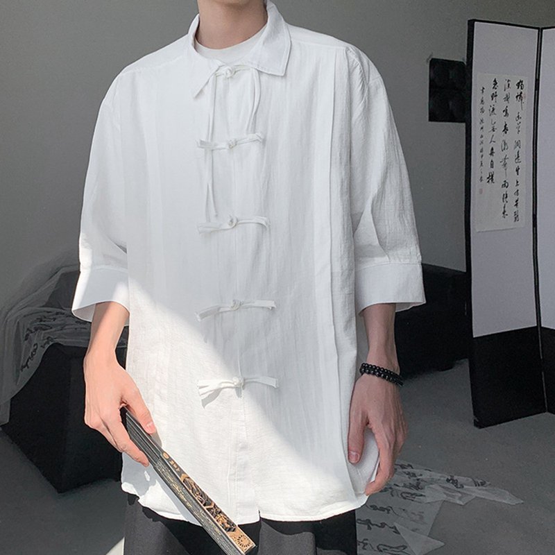 シャツ チャイナ服 メンズ 綿麻 半袖シャツ 中華服 トップス 薄手 爽やか コットンリネンシャツ ゆったり カンフー服 太極拳服 日常 アウター 羽織 開襟シャツ 春夏服 透湿 快適 汗染み防止 男女兼用