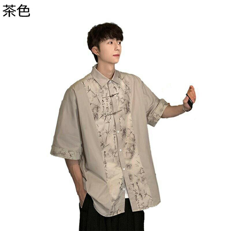 チャイナシャツ 切り替え チャイナトプス 半袖 メンズ 竹 襟シャツ 夏服 前開き カジュアルシャツ 中華服 武術服 唐装 漢服 サマー 春着 ハンサム カジュアル 通気 耐摩耗 薄手 ゆったり ゴージャス