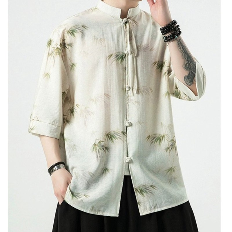 シャツ チャイナ服 M-5XL 竹 メンズ 半袖シャツ 中華服 トップス 結び釦シャツ 薄手 爽やか リラックスフィット 茶師服 チャイナボタン 武術 演舞 エスニック 開襟シャツ 春夏服 通気 ゆったり服 ユニセックス