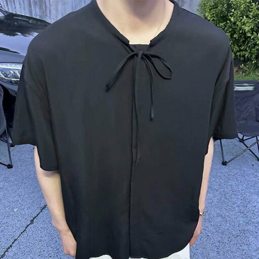 シャツ 半袖 メンズ 夏服 紐付き 丸首 無地 ラウンドネック チャイナトプス カジュアルシャツ 春服 夏 カッコイイ オーバーサイズ おしゃれ シンプル 柔らかい 通気性 快適 汗染み お出かけ 茶師服