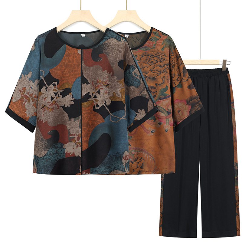2点セット Tシャツ 半袖 ブラウス 肌着T トップス 9分丈 ワイドパンツ モダン柄 高齢者 シニアファッション お婆ちゃん服 老人 大きいサイズ 綿麻 通気性 涼しい カジュアル リラックス 40代 50代