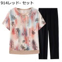 上下セット Tシャツ 半袖 プルオーバー ニット グラデーション リブ裾 イージーパンツ 9分丈 高齢者 シニアファッション お婆ちゃん服 老人 春夏服 薄手 通気性 ホーム お出かけ リゾート 60代 70代(4)